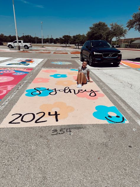 Painted Parking Spot Ideas, Parking Spot Ideas, Cute Parking Spot Painting Ideas, Senior Parking Spaces, Painted Parking Spaces Ideas, Sr 25, Parking Spot Painting, Senior Year Things, Parking Spot