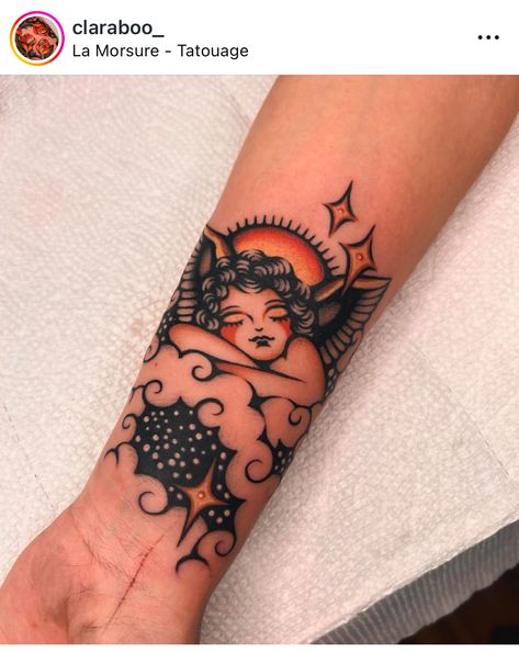 Traditional Tattoos Angel, American Traditional Tattoos Moon, American Traditional Cherub, Traditional Tattoo Half Sleeve, Old School Mom Tattoo, American Traditional Angel Tattoo, Angel Traditional Tattoo, Traditional Cherub Tattoo, Victorian Tattoo Vintage