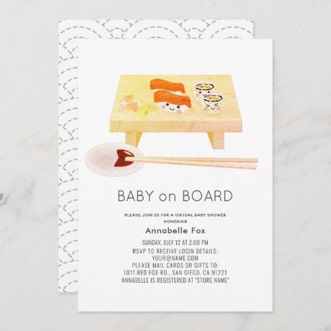 Baby on Board Virtual Sushi Baby Shower for $2.96 Baby Shower By Mail Invitation, Online Baby Shower Invites, Shower By Mail Invitation, Baby Shower By Mail, Online Baby Shower, Shower By Mail, Virtual Baby Shower Invitation, Gender Neutral Baby Shower Invitations, Baby On Board