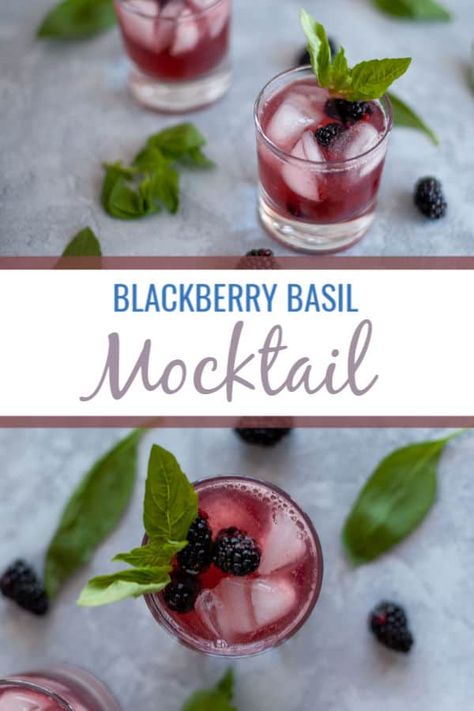 Blueberry Basil Mocktail, Blackberry Lime Mocktail, Mocktail With Basil, Blackberry Basil Mocktail, Woodland Mocktails, Non Alcoholic Gin Recipe, Basil Drinks Nonalcoholic, Blackberry Basil Cocktail, Basil Mocktail Recipes