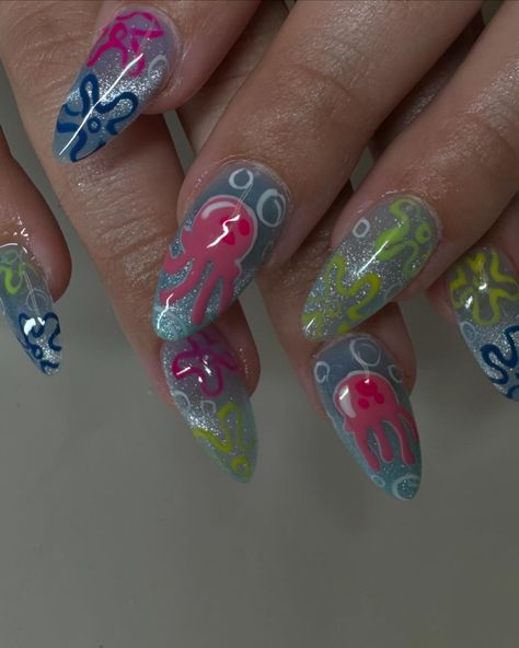 Jellyfish 🪼 Who lives in a pineapple under the sea? #nailtech #nailsnailsnails #sacramentogelx #spongebob #naildesign #nailaddict Spongebob Inspired Nails, Spongebob Christmas Nails, Spongebob Nails Designs, Spongebob Nail Art, Jellyfish Nails, Spongebob Jellyfish, Spongebob Nails, Spongebob Christmas, Pineapple Under The Sea