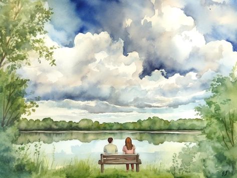 Watercolor Paintings Couple Love, Watercolour Couple Painting, Couple Landscape Painting, Watercolor Painting Love, Cute Couple Watercolor Painting, Watercolor Couple Art, Romantic Landscape Painting, Watercolor Outdoors, Watercolor Couple Painting