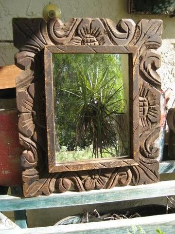 VINTAGE MEXICAN CARVED WOOD FRAMED MIRROR | #31583274 Mexican Carved Wood Furniture, Wood Carved Picture Frames, Mexican Frame, Distressed Mirror Frame, Mexican Mirror, Mexican Mirrors, Hawthorn House, Hacienda Furniture, Carved Wood Mirror