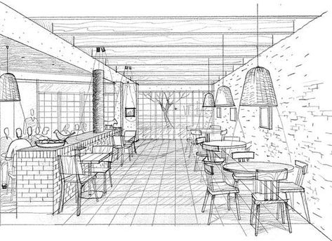 Urban Flair: Bar Perspective Unveiled Cafe Design Drawing, Restaurant Drawing Sketch, Restaurant Sketch, Cafe Drawing, Sketch Restaurant, Interior Architecture Sketch, Interior Design Sketchbook, Furniture Design Sketches, Perspective Drawing Architecture