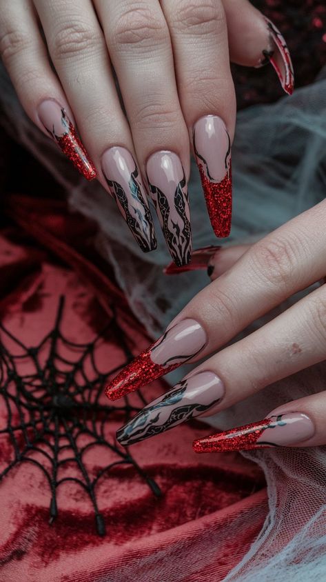 Elevate your nail game with these eye-catching designs! A beige base serves as a canvas for vibrant red glitter and fierce snake patterns, making them perfect for Halloween festivities or to showcase your edgy style year-round!
#halloweennails #octobernails #nailsdesign #acrylicnails #nailsinspo Snake Eye Nails, Red Snake Print Nails, Black And Red Snake Nails, Black Snake Nails Acrylic, Snake Theme Nails, Snake Manicure Nail Art, October Nails, Snake Patterns, Nail Patterns