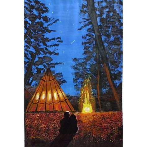 Couple painting, acrylic painting, fire, camping, art, artwork, tent, forest, scenery, stars, nature, nightsly, woods, vacation Tent Painting On Canvas, Simple Couple Painting Ideas, Camp Watercolor, Acrylic Painting Couple, Couple Acrylic Painting, Tent Painting, Camping Watercolor, Tent Drawing, Adventure Painting