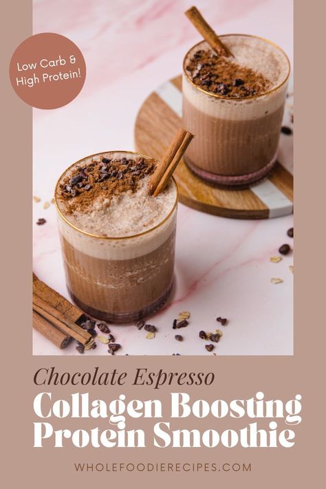 This healthy, low-carb chocolate collagen protein smoothie provides a health boost with collagen peptides and an extra kick of espresso. Collagen Powder Recipes, Collagen Boosting Foods, Collagen Rich Foods, Low Glycemic Sweeteners, Coffee Smoothie Recipes, Collagen Smoothie, Craving Sweets, Collagen Recipes, Kitchen Witch Recipes