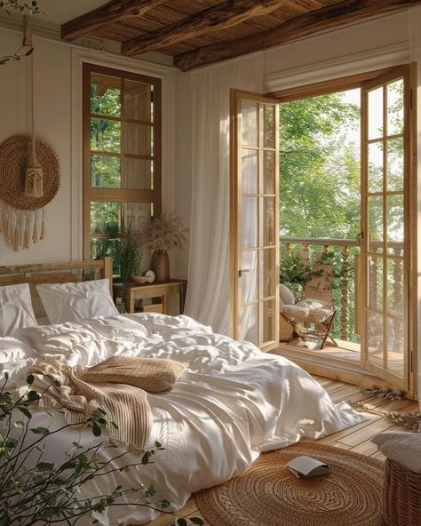 Cozy Mediterranean Bedroom, Cottage House Interior Design Bedroom, Light And Cozy Bedroom, Balcony Bedroom Ideas, Luxury Bedroom Master With Balcony, Bedroom Ideas With Balcony, Large Cozy Bedroom, Room With Balcony Bedrooms, Dream Bedroom Cozy