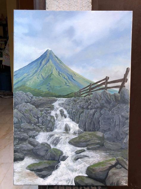 Mayon Volcano Painting, Mayon Volcano Drawing, Paint Volcano, Volcano Painting, Volcano Drawing, Mayon Volcano, Jungle Painting, Blackpink Square Up, Painting Collection