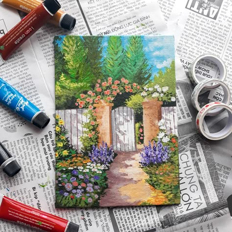 Acrylic Painting Easy Landscape, Things To Paint On Small Canvas, Gouche Painting Ideas Easy, Large Canvas Painting Ideas Acrylics, Oil Pastel Art Aesthetic, Acrylic Painting Ideas Landscape, Landscape Paintings Easy, Floral Landscape Painting, Floral Canvas Painting