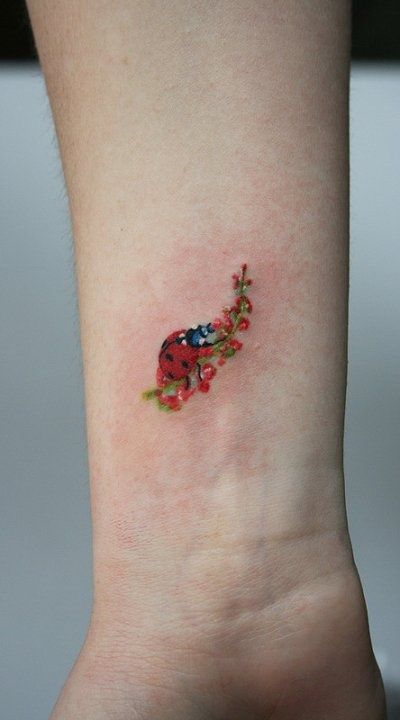 Ladybird Tattoo, Ladybug Tattoo, Tiny Tattoos For Women, Lady Bug Tattoo, Flower Wrist Tattoos, Bug Tattoo, Wrist Flowers, A Ladybug, Wrist Tattoos For Women