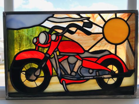 Bike Pattern, Sturgis South Dakota, Blue Bike, Stained Glass Quilt, Stained Glass Light, Stained Glass Pattern, Stained Glass Paint, Stained Glass Decor, Stained Glass Ornaments