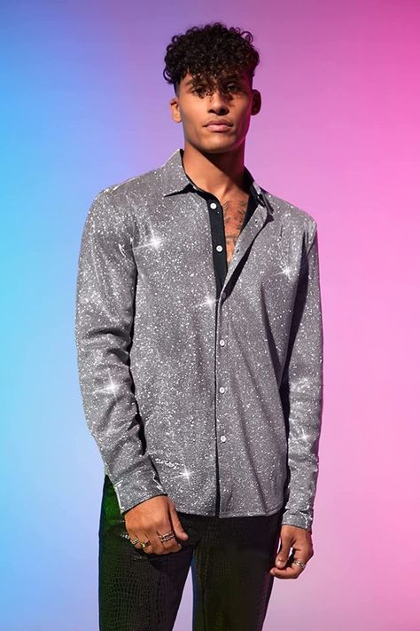 Fabric has some stretch,and it's soft and comfortable. Suit for party, club, night out, go out wearing and casual wear. This shirt is stunning. The sheer fabric of the shirt has a stellar luster that matches the shine gloss. #men #sheer #shiny #glitter #club #partywear #shirt Men’s Beyoncé Concert Outfit, Disco Glam Outfits Men, Euphoria Moodboard, Disco Outfit Men, Beyoncé Outfits, Zodiac Party, Disco Party Outfit, Concert Outfit Men, Beyonce Concert Outfit