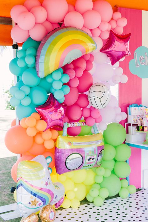 Modern and Girly Balloon Installation from a Modern Colorful 10th Birthday Party on Kara's Party Ideas | KarasPartyIdeas.com (34) Colorful Theme Birthday Party, Rainbow Party Balloons, Eight Birthday Party Ideas, 10th Birthday Balloon Ideas, 10 Party Ideas, 7 Party Theme, Unicorn Party Backdrop Ideas, Colorful Birthday Decorations, Colorful Balloons