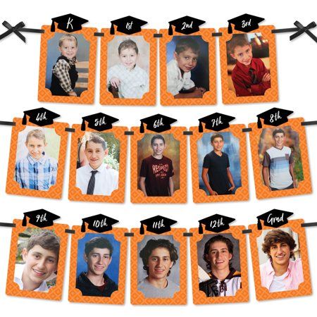 Black And Orange Graduation Party Ideas, Graduation Party Venues, Orange Graduation Party, Diy Graduation Party Decor, School Pictures Display, Senior Table, Graduation Photo Banner, K 12 School, Class Photo