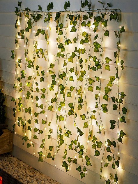 Green  Collar  Polyester   Embellished   Home Decor Bedroom Led Lights, Light Picture Wall, Ivy Wall, Feature Wall Bedroom, Leaf Curtains, Bedroom Led, Studio Apartment Divider, Home Decor Quotes, Christmas Bedroom