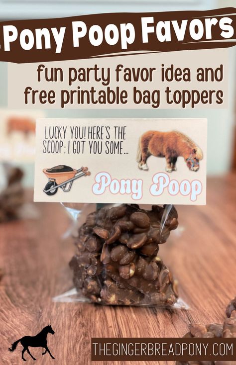 Looking for a fun and easy party favor for your horse themed party? Check out these hilarious pony poop favors! Use our printable bag toppers for the perfect finishing touch! They would make funny favors or party snacks. Head to our blog post and get the free file. #pony #horse #party #diy #printable #thegingerbreadpony Pony Party Ideas Horse Theme, Poop Party, Diy Kids Party Favors, Party Favor Bags Diy, Easy Favors, Horse Party Favors, Horse Themed Party, Theme Snack, Easy Party Favor