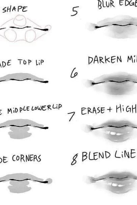 Male Lips Drawing Tutorial, Drawing Base Lips, How To Draw Korean Lips, Anime Nose Shading, Ways To Draw Lips, How To Draw Soft Lips, Lips 3/4 Drawing, Anime Lips Sketch Step By Step, Drawing Lips Realistic