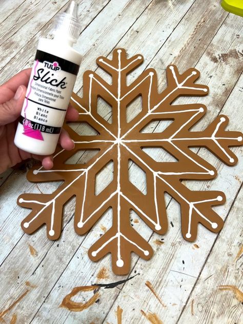 Dollar Tree Wooden Snowflake Crafts, Wooden Snowflakes Painted, Dollar Tree Wooden Snowflake, Dollar Tree Snowflake Crafts, Giant Snowflakes Diy, Wooden Snowflakes Diy, Dollar Tree Snowflakes, Dollar Tree Gingerbread, Gingerbread Cabin