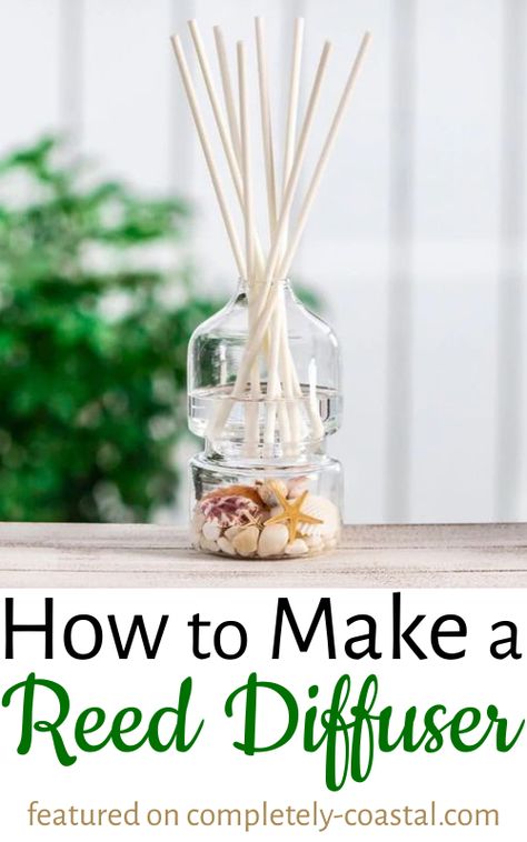 Infuse your home with a lovely fragrance with these decorative room reed diffuser ideas. Featured on Completely Coastal. It's easy to make a reed diffuser using your own shells on the bottom of the jar/vase... or find sources where to buy decorative coastal beachy reed diffusers. Reed Diffuser Recipe, Reed Diffuser Diy, Homemade Diffuser, Homemade Reed Diffuser, Diy Essential Oil Diffuser, Diffuser Diy, Essential Oil Reed Diffuser, Perfume Versace, Reed Diffuser Oil