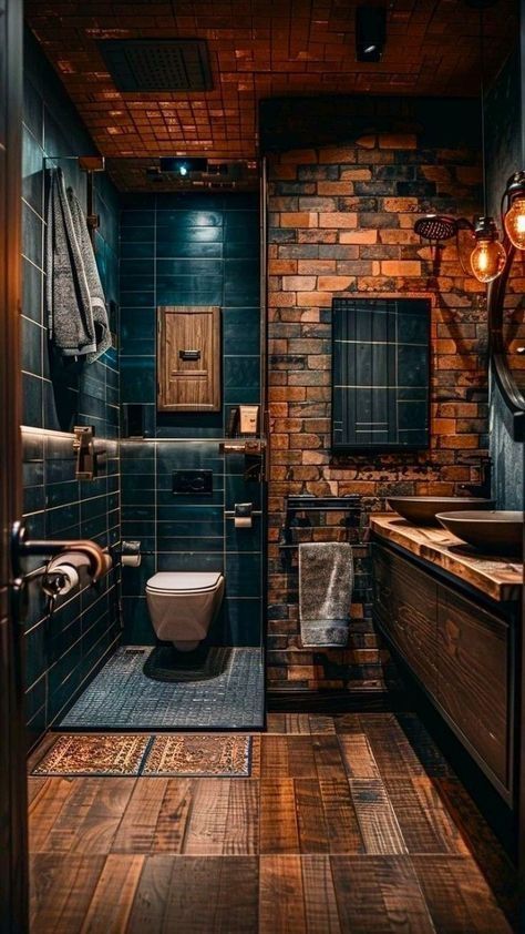 #homedecor, #interiordesign, #homedesign, #decor inspiration Bathrooms With Sky Lights, Dark Cabin Bathroom, Dark Bathroom Remodel, تصميم داخلي فاخر, Interior Design Your Home, Rustic Bathroom Designs, Rustic Home Design, Rustic Bathrooms, Dream House Interior