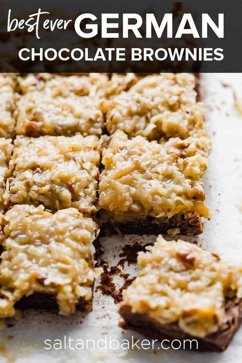 German Chocolate Cupcakes From Scratch, German Chocolate Brownies Easy, German Chocolate Bars, The Best Brownies Ever, Fancy Deserts, Best Brownies Ever, German Chocolate Brownies, German Chocolate Cupcakes, Chewy Chocolate Brownies