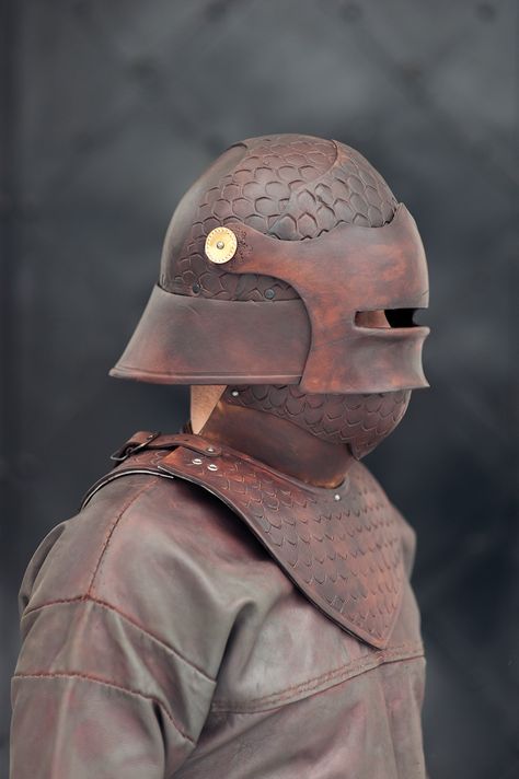 leather-helmet-sallet Leather Helmet Pattern, Sallet Helmet, Barbarian Armor, Face Helmet Medieval, Leather Helmet, Fantasy Armour, Armour Ideas, Medieval Helmet, Leather Helmet Medieval