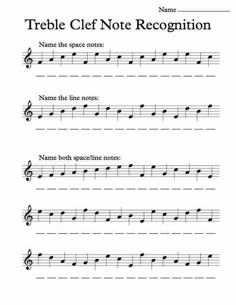 Treble Clef Note Recognition – Worksheet Solfege Worksheets, Piano Worksheets, Teaching Music Theory, Bass Clef Notes, Piano Classes, Music Theory Worksheets, Piano Music Lessons, Music Teaching Resources, Music Lessons For Kids