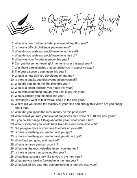 2023 Reflection Questions, New Year Reflection Questions, Mid Year Reflection Questions, End Of Year Reflection Questions, Year End Self Reflection, New Year’s Eve Reflection Questions, 30 Day Writing Challenge, Lauren Gleisberg, 30 Questions