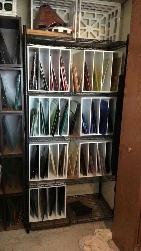 Stained Glass Workbench, Stained Glass Storage Ideas, Stained Glass Workshop Ideas, Stained Glass Workshop, Stained Glass Studio, Stained Glass Supplies, Stained Glass Patterns Free, Craft Room Design, Mosaic Stained