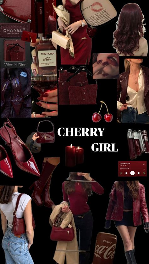 #cherry #cherryred #red #classy #aesthetic #itgirl #cherrygirl #bossy #brownstone #diadelosmuertos #bookcover #surrealism #wishlist #rich Cherry Coded Aesthetic, Cherry Red Clothes Aesthetic, Burgundy Clothes Aesthetic, Cherry Icon Aesthetic, Cherry Coded Outfits, Red Classy Aesthetic, Cherry Aesthetics Outfit, Dark Cherry Red Aesthetic, Cherry Girl Aesthetics