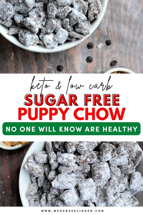 An easy healthy recipe for a holiday low carb puppy chow. Make this quick and easy Keto-Friendly Puppy Chow for your next Christmas party, or just enjoy it as a delicious low carb and sugar-free sweet snack for the week! Healthier Puppy Chow Recipe, Low Calorie Puppy Chow, Low Carb Puppy Chow, Zero Carb Snacks For Diabetics, Keto Puppy Chow Recipe, Healthy Puppy Chow Recipe, Healthier Puppy Chow, Keto Puppy Chow, Keto Oreo Balls