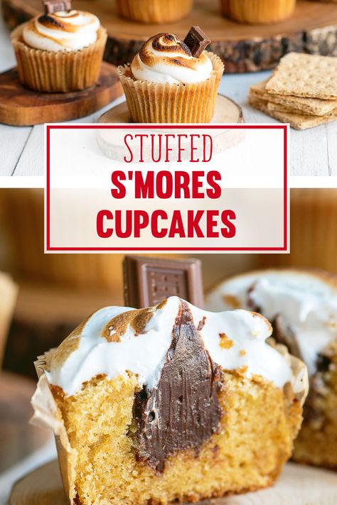 Stuffed S'mores #Cupcakes #Recipe with Toasted Marshmallow Frosting #Smores Smores Cupcake Recipe, Camp Cupcakes, Easy Smores, S Mores Cupcakes, Marshmallow Recipe, Valentines Recipes Desserts, Smores Cupcakes, Coconut Dessert, Marshmallow Frosting