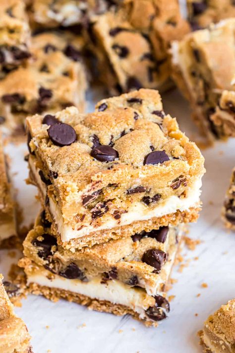 Chocolate Chip Cheesecake Bars Recipe - Shugary Sweets Cream Cheese Chocolate Chip Cookies, Chocolate Chip Cheesecake Bars, Easy Dessert Bars, Cake Bars Recipe, Desserts With Chocolate Chips, Cream Cheese Bars, Shugary Sweets, Cheesecake Bar Recipes, Chocolate Chip Cheesecake