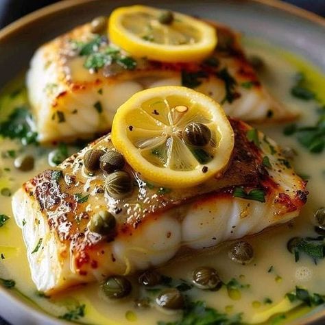 Mediterranean Diet & Recipes For Beginners | Elegant Cod Fillets in a Zesty White Lemon Caper Reduction | Facebook Mediterranean Diet Easy, Mediterranean Diet Recipes For Beginners, Diet Easy Recipes, Cod Fillets, Diet Recipes Easy, Fish Recipes Healthy, Mediterranean Diet Recipes, Recipes For Beginners, Mediterranean Diet