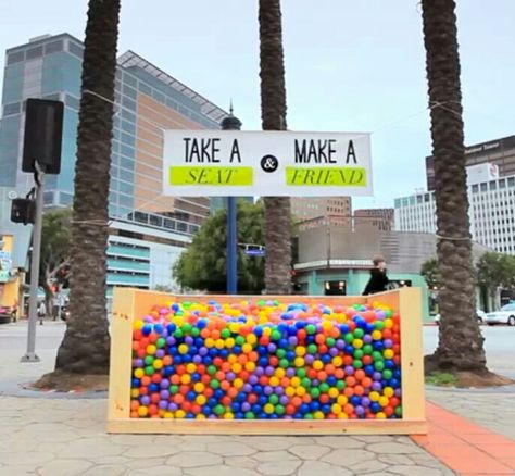 Here is what I was talking about to my group the other day- a ball pit installed in the middle of an ongoing city. Strangers were invited to take a seat among the balls, with some questions given to ask each other, and learn a bit about one another. This way we are forcing communication within a community. Made Me Smile, Faith In Humanity Restored, Ball Pit, Faith In Humanity, Random Acts Of Kindness, I Smile, Making Friends, Make Me Happy, In The Middle