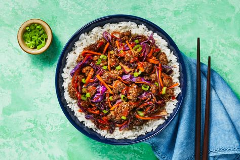 Hoisin Beef & Cabbage Recipe | HelloFresh Pork And Cabbage Stir Fry, Sweet Chili Pork, Chili Pork, Pork Cabbage, Buttery Rice, Crispy Fried Onions, Pork Egg Rolls, Sauteed Cabbage, Cabbage Stir Fry