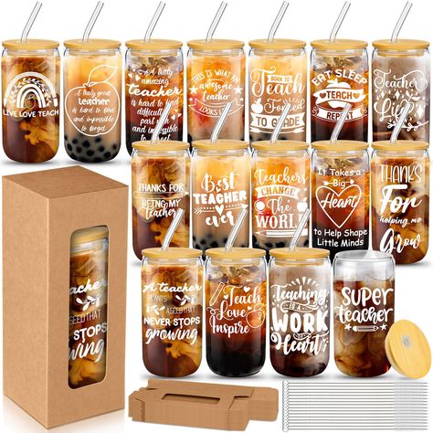 PRICES MAY VARY. Thoughtful Gift Set for teachers: the teachers gifts set contains 16 pieces of 16 oz glass cups with clear texts printed on the surface (with 16 bamboo lids, 16 glass straws, and 16 glass straw brushes), and 16 pieces of glass cup gift boxes with clear windows; Show your gratitude and appreciation to the hardworking teachers in your life with our practical and exquisite teacher appreciation gifts cups Inspiring Glass Cups: each teacher cup features encouraging words, with clear Teachers Lounge, Gifts Set, Teachers Gifts, Gifts Teacher, Clear Windows, Work Gifts, Glass Cups, Employee Appreciation, Employee Gifts