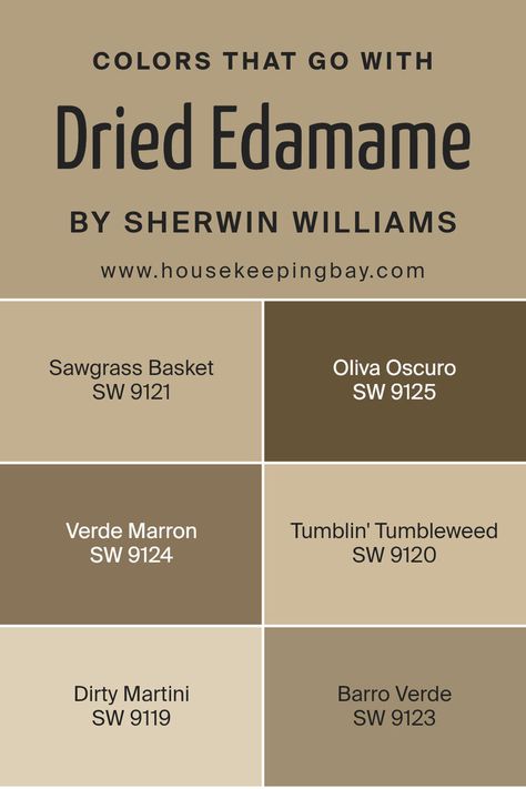 Colors that Go With Dried Edamame SW 9122 by Sherwin Williams Edamame Sherwin Williams, Dried Edamame Sherwin Williams, Dried Edamame, Sherwin Williams Coordinating Colors, Tan Paint, Yellow Paint Colors, Trim Colors, Yellow Paint, Dirty Martini