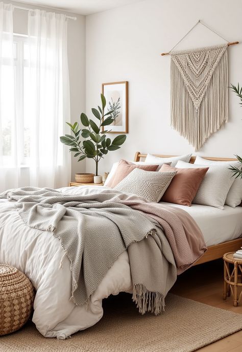 Scandi Boho Decor Cosy Scandi Bedroom, Scandinavian Throw Pillows, Scandi Boho Bedroom, Cozy Neutral Bedroom Boho, Scandi Bedroom Decor, Scandi Minimalist Home, Scandi Boho Living Room, Scandi Kids Room, Boho Decor Ideas