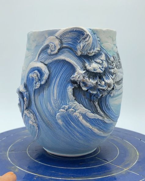 Wave Mug Pottery, Abstract Art Ceramic, Ceramic Art Ocean, Sea Inspired Pottery, Ocean Theme Ceramics, 3d Ocean Art, Ceramic Ocean Theme, Ocean Inspired Pottery, Sea Clay Art