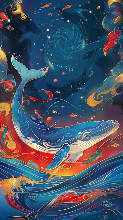 Midjourney AI Image: A source blue whale with feathers in a sea scene, gold strokes, colored pencil drawing, shiny neon l... → more in ai-img-gen.com Blue Fish Drawing, Whale Images, Whale Swimming, Space Whale, Inspirational Digital Art, Pretty Paintings, Space Painting, Cute Whales, Whale Art