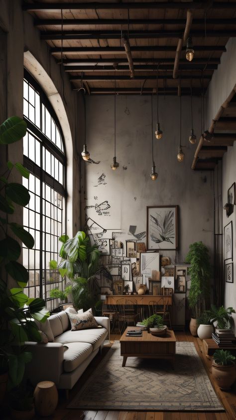 Industrial Interior Design With Plants, Industrial Nature Interior, Industrial Mediterranean Home, Cottagecore Industrial, Boho Style Architecture, Industrial Apartment Aesthetic, Living Room Aesthetic Vintage, Modern Industrial Interior Design, Old Farmhouse Aesthetic