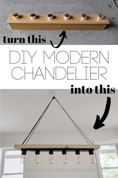 This DIY modern chandelier was made from an outdated bathroom light fixture and a few inexpensive materials! What a creative DIY! Diy Chandelier Wood, Diy Long Pendant Light, Luxe Diy Home Decor, Diy Farmhouse Hanging Light, Diy Kitchen Chandelier, How To Make A Light Fixture, Diy Wood Pendant Light, Homemade Light Fixtures, Diy Wood Chandelier