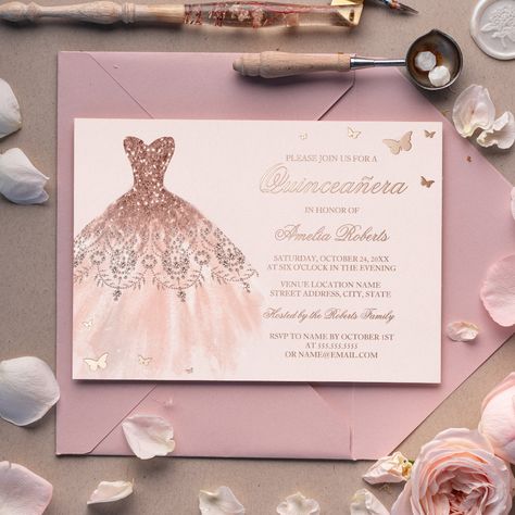 Rose Gold Quinceanera Dresses, Gold Quinceanera, Foil Dress, Rose Gold Quinceanera, Sweet 16th Birthday, Invitations Quinceanera, Quinceanera Dresses Gold, Pink Quinceanera, Quinceanera Pink