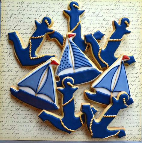 Nautical Cookies Anchor Cookies Decorated, Cruise Cookies, Memorial Cookies, Decoration Theme Marin, Sailboat Cookies, Nautical Cookies, Anchor Cookies, Pastry Bread, Baby Boy Cookies