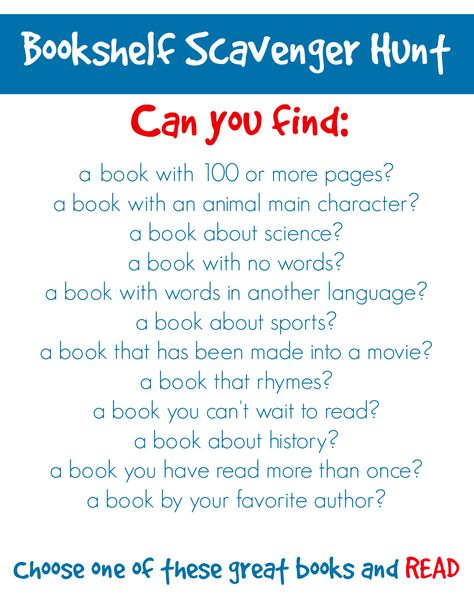 Challenge Kids to a Bookshelf Scavenger Hunt | Parents | Scholastic.com Book Scavenger, Scavenger Hunt Ideas For Kids, Book Scavenger Hunt, School Library Lessons, Library Orientation, Scavenger Hunt Ideas, Reading Printables, Library Lesson Plans, Library Games