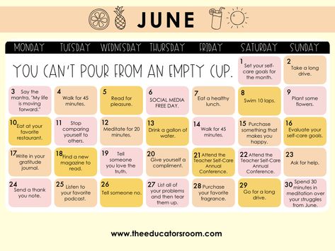 June Challenge, Calendar June, Monthly Challenge, The Time Has Come, School Counseling, Mental And Emotional Health, Self Care Activities, Self Care Routine, Teacher Life