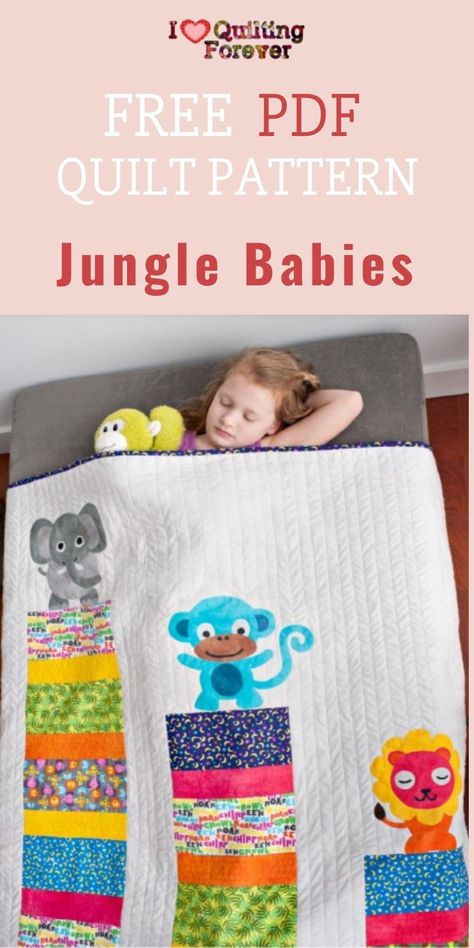 Get your Free Jungle Babies Quilt Pattern Here. 400+ Free Quilt Patterns for Beginner & Expert. All Quilters can get inspired! Farm Animal Quilt, Animal Baby Quilt, Baby Quilt Pattern, Applique Quilt Patterns, Baby Quilt Patterns, Childrens Quilts, Beginner Quilt Patterns, Jungle Baby, Animal Quilts