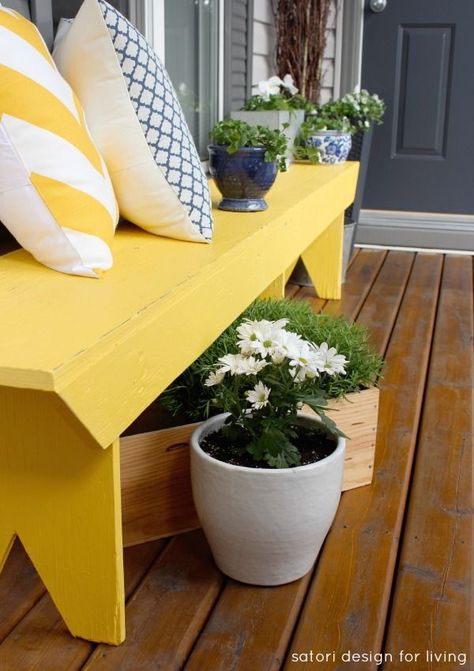 Spring Front Porch Decor - Cottage Style with Yellow Bench and Blue & White Accessories - Popular pin from http://SatoriDesignforLiving.com Yellow Bench, Spring Front Porch Decor, Front Porch Bench, Outdoors Ideas, Porch Bench, Building A Porch, Summer Front Porches, Summer Porch, Cottage Charm